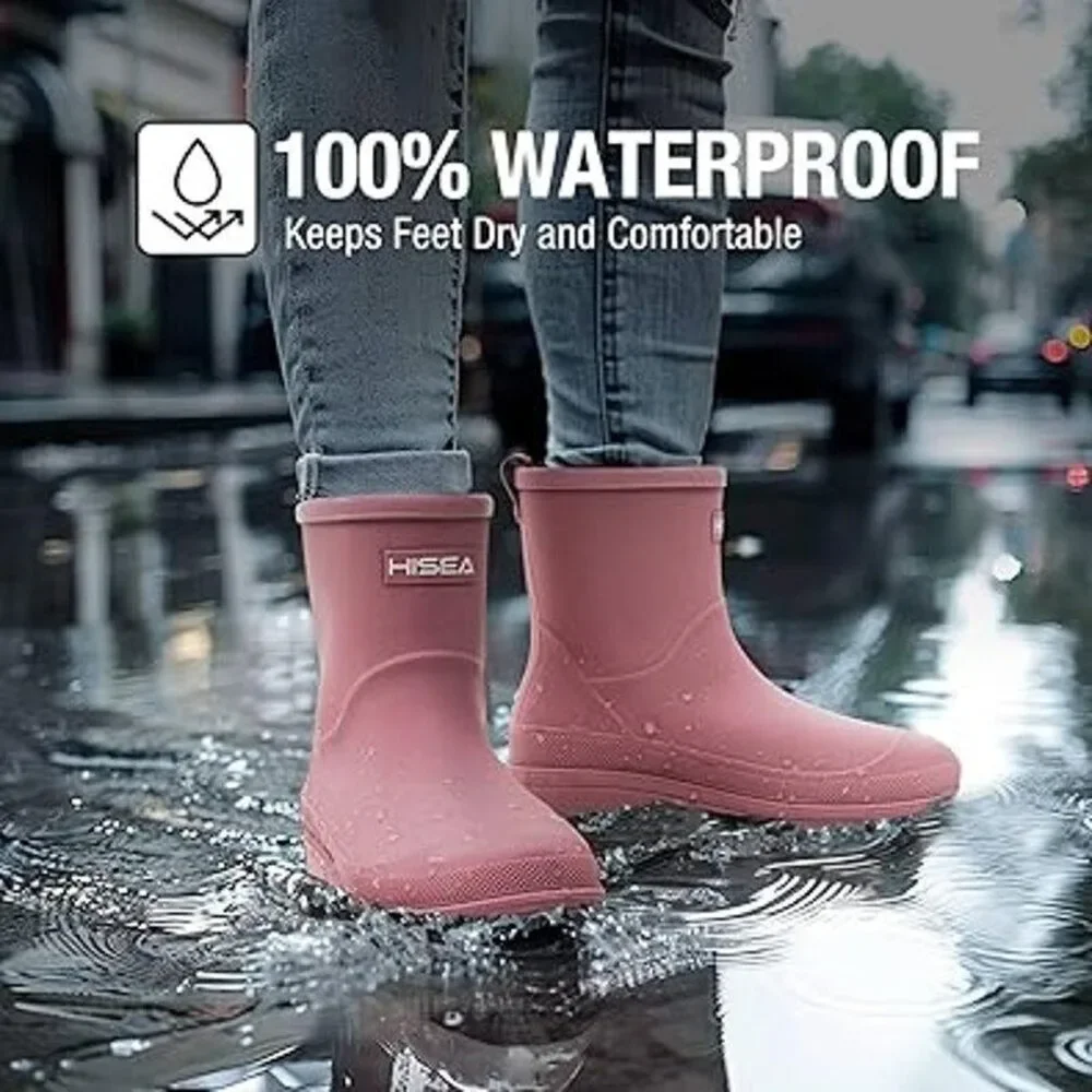 Hisea Women Size 7 Pink Pull On Waterproof Faux Rubber Short Non Slip Rain Boots